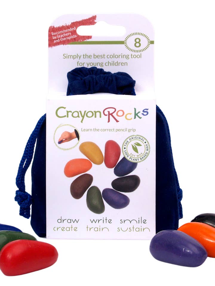 8 Buntstifte in einem blauen Samtbeutel für den Großhandel von Crayon Rocks EU