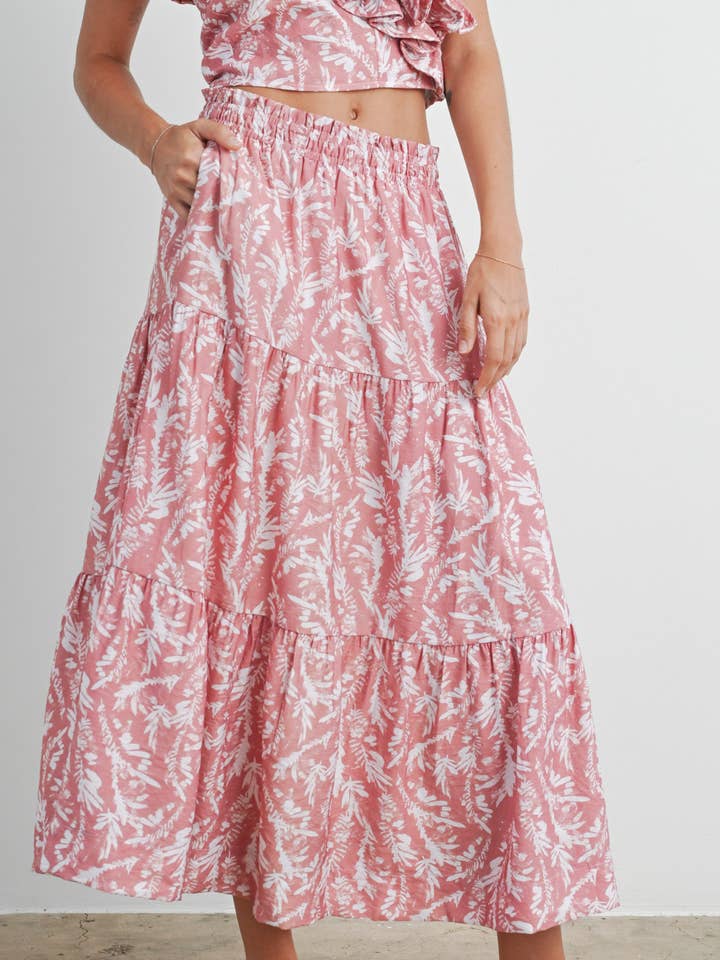 Gonna lunga a balze con stampa foglie - BMS7442 per la vendita all'ingrosso da parte di BUTTERMELON