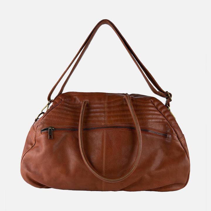 Tan Tucker | Cognac and Black Full Grain Leather Weekender Bag for wholesale on Faire0