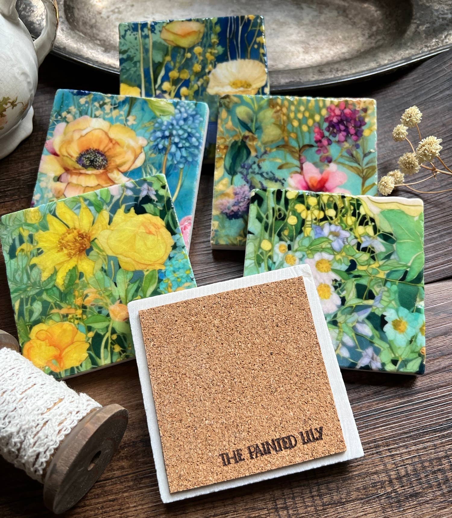 The Painted Lily - Wholesale Coasters - Watercolor Garden Sunshine stone coasters - case of 61