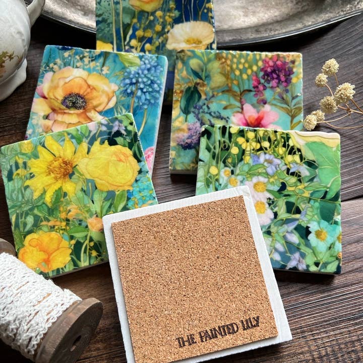 The Painted Lily - Wholesale Coasters - Watercolor Garden Sunshine stone coasters - case of 61