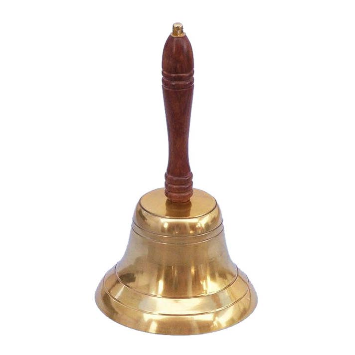 Sino de mão banhado a latão com alça de madeira 11” por atacado de Hampton Nautical