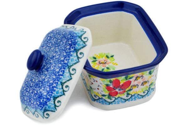 Polmedia Polish Pottery - Wholesale Decorative Box - Mini Cake Box 4", Salt Box, 4" Petal Dance Theme UNIKAT1