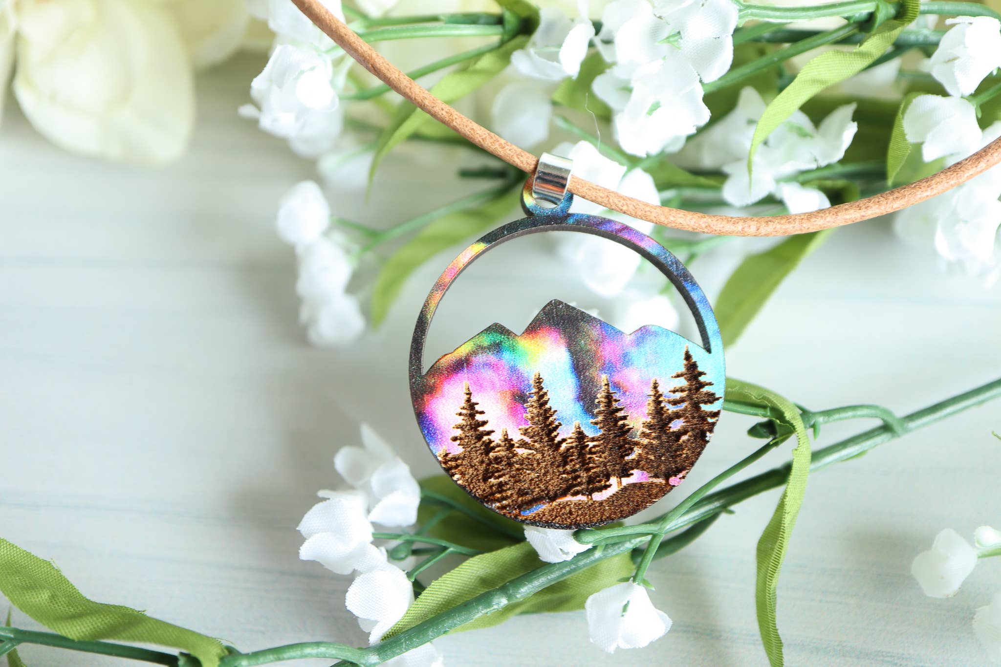 Nine Mile Creative - Wholesale Pendant/Charm Necklace - Aurora Mountains Wood Pendant Adjustable Necklace3