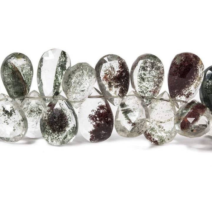 10x8-13x7mm Moss Quartz faceted pear briolettes 8 inch 56 Beads for wholesale by Beads of Cambay