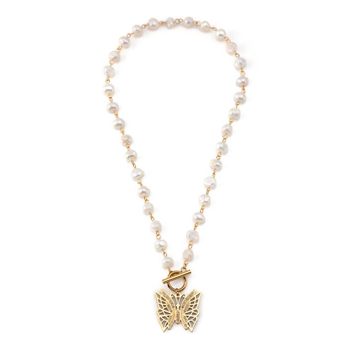Steel Necklace with Butterfly and Pearls for wholesale by Shebiju