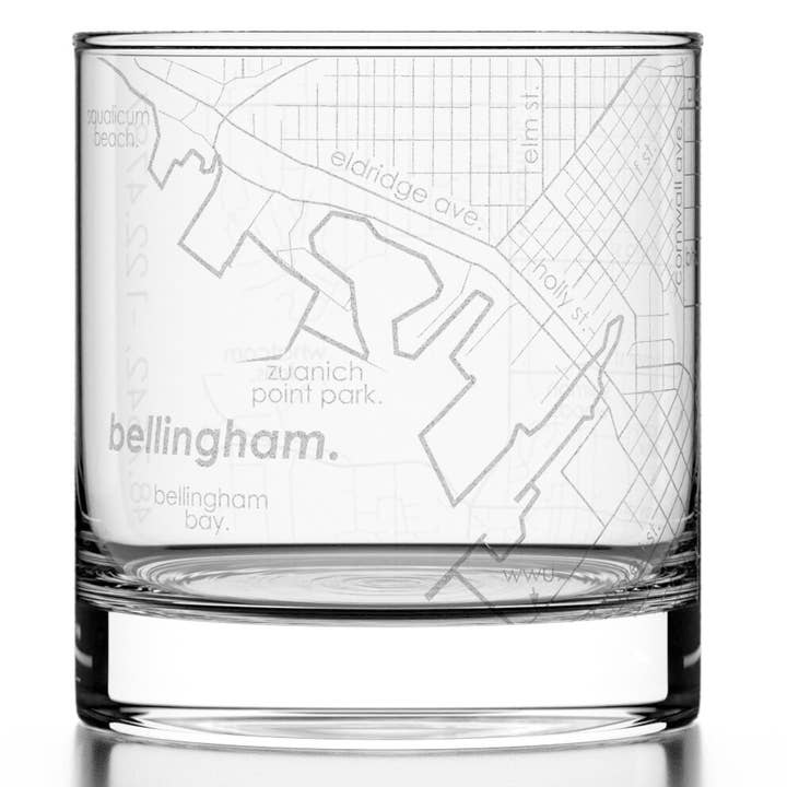 Bellingham, WA City Map - Etched Whiskey Rocks Glass for wholesale by Well Told