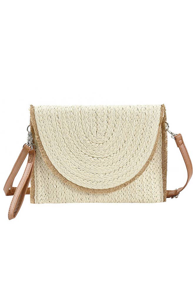 Hana - Vente Sac à bandoulière – femme - Sac pochette bandoulière en paille bicolore avec bord effiloché0