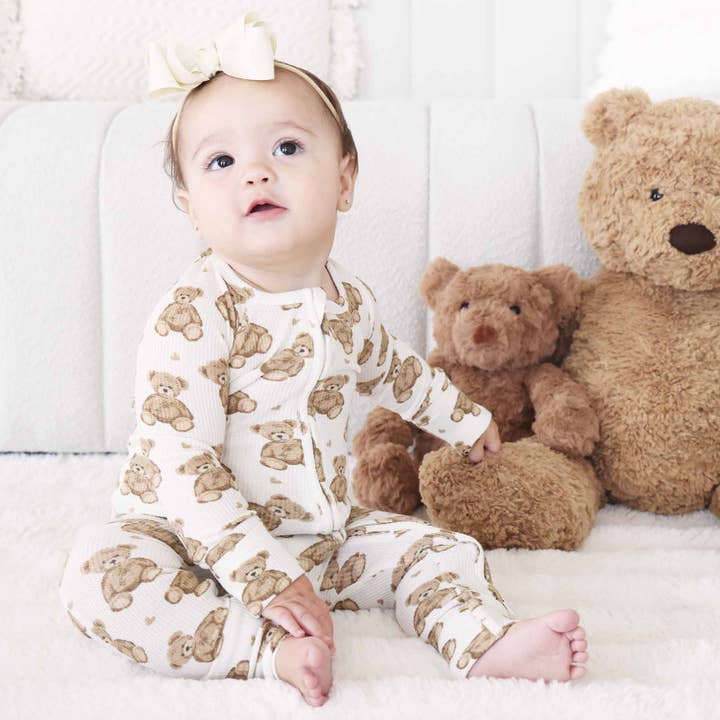 Beary Sweet Bamboo Waffle Convertible Zip Romper for wholesale by Caden Lane