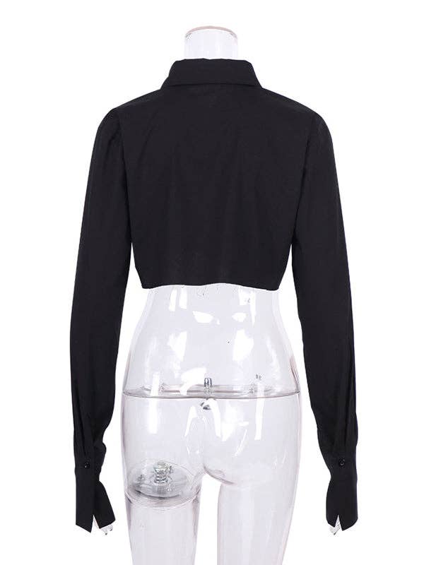 VividLux - Wholesale Button Down Shirt - Women's - Cropped Long Sleeves Asymmetric Fringed Pockets Solid Color Blouses&shirts Tops5