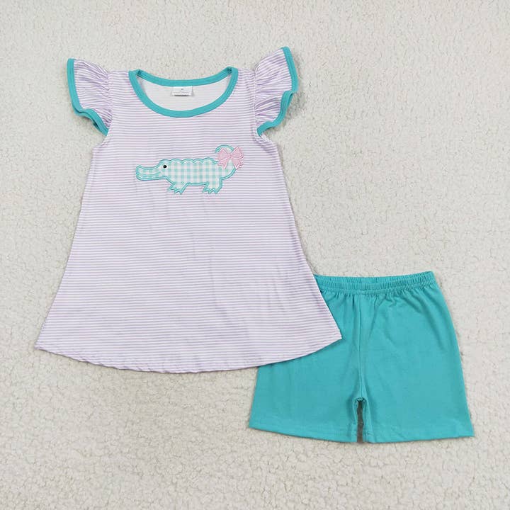 Baby Girls Crocodile Flutter Sleeve Tunic Green Shorts Clothes Sets for wholesale by Aier Wholesale