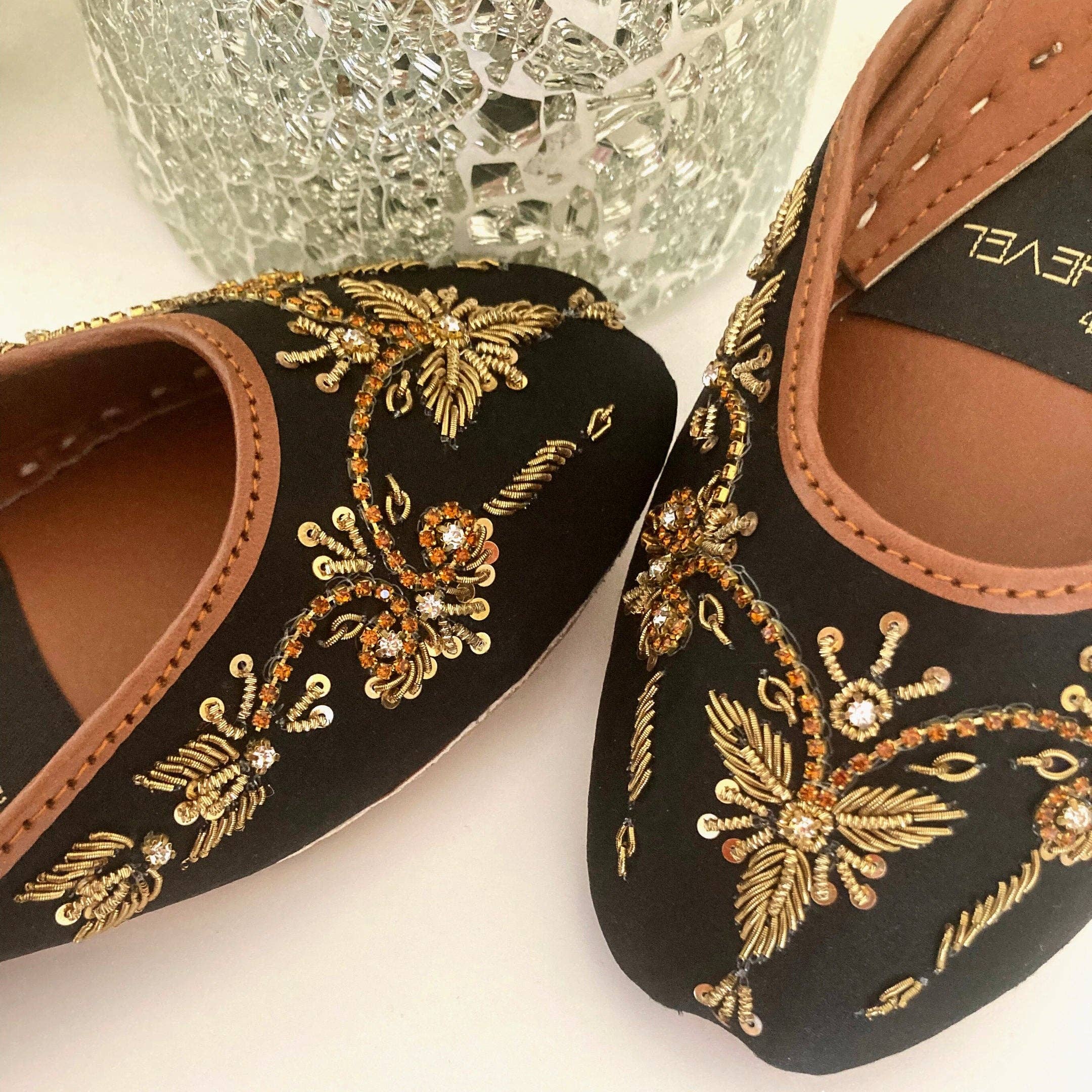 Winged Glory Golden Embellished Premium Black Wedding Khussa Flats with Low Heels for wholesale on Faire4