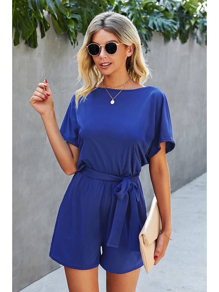 Supreme Fashion - Wholesale Romper - Women's - Boat Neck Short Sleeve Waist Tie Loose Romper