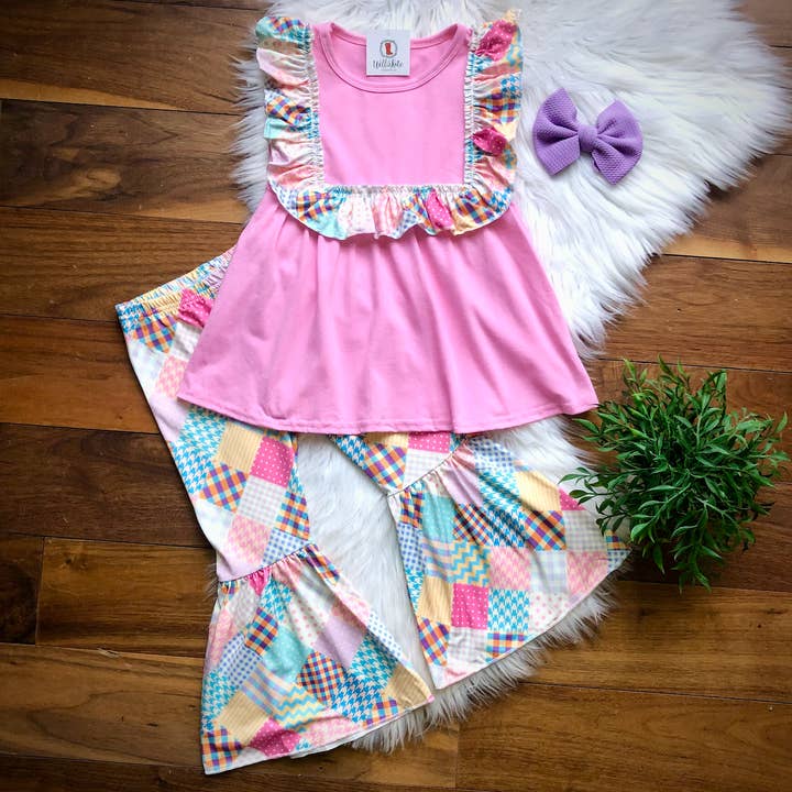 Patchwork & Pink Pants Set by Wellie Kate for wholesale by Wellington Design Co.