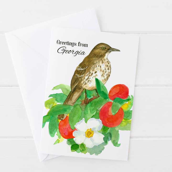 Greetings From Georgia State Bird Rose Greeting Card for wholesale by Rugosa & Pine
