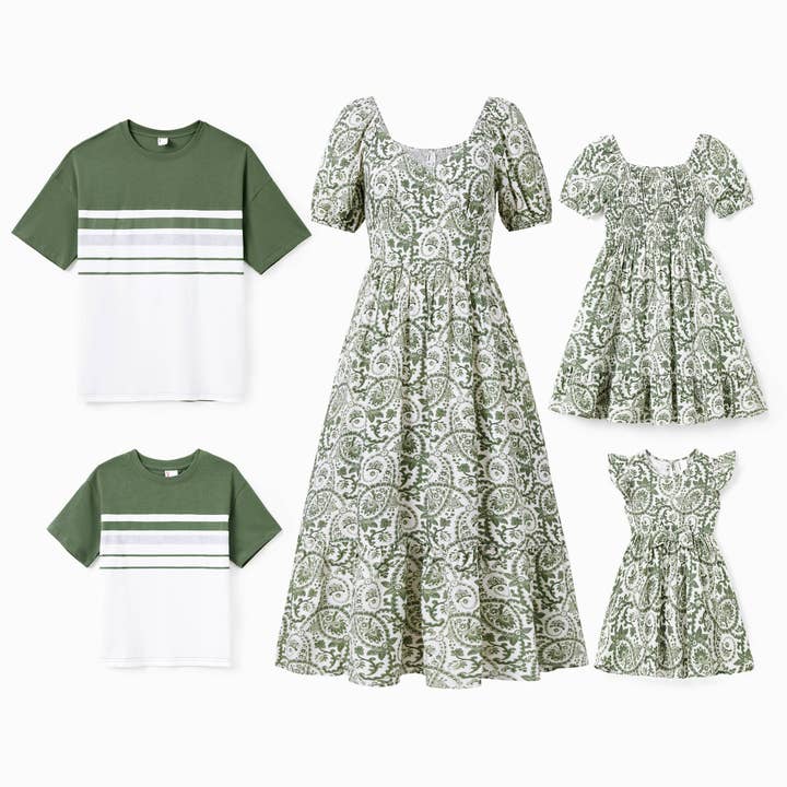 T-shirts à blocs de couleur verts assortis pour la famille ou robe à fleurs pour la vente par PatPat Matching