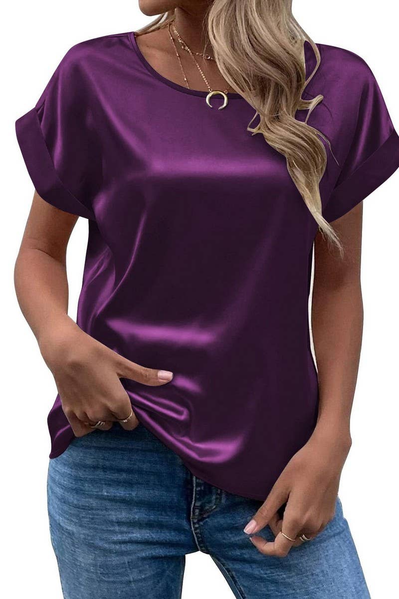 NINEXIS - Wholesale Blouse - Women's - CWTBLS1775_SATIN ROUND NECK LOOSE SHORT-SLEEVED TOP12