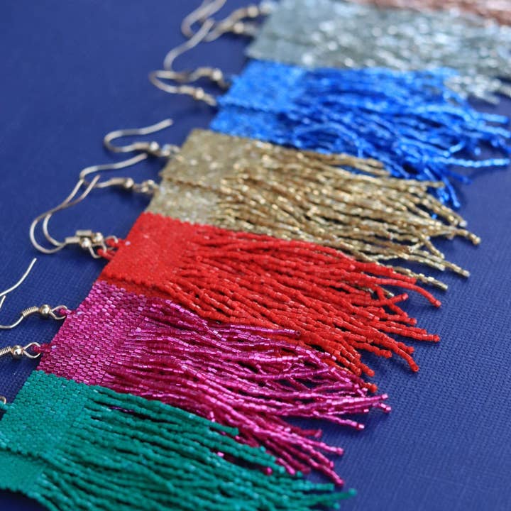 Custom Metallic Lux Beaded Square Fringe Earrings | Fringe Dangle for wholesale by Pierce + Hide