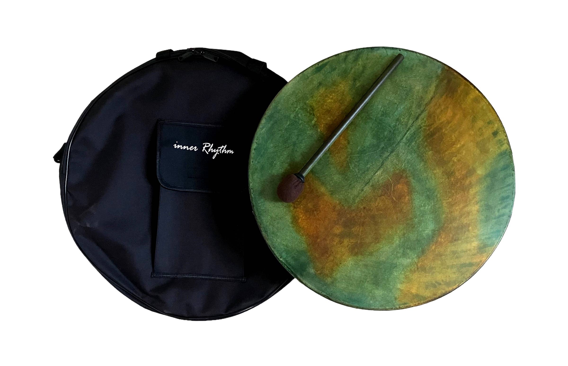 inRhythm - Vente Sculpture - Tambour Chamanique Green Earth avec support d'exposition et options de sac de transport3