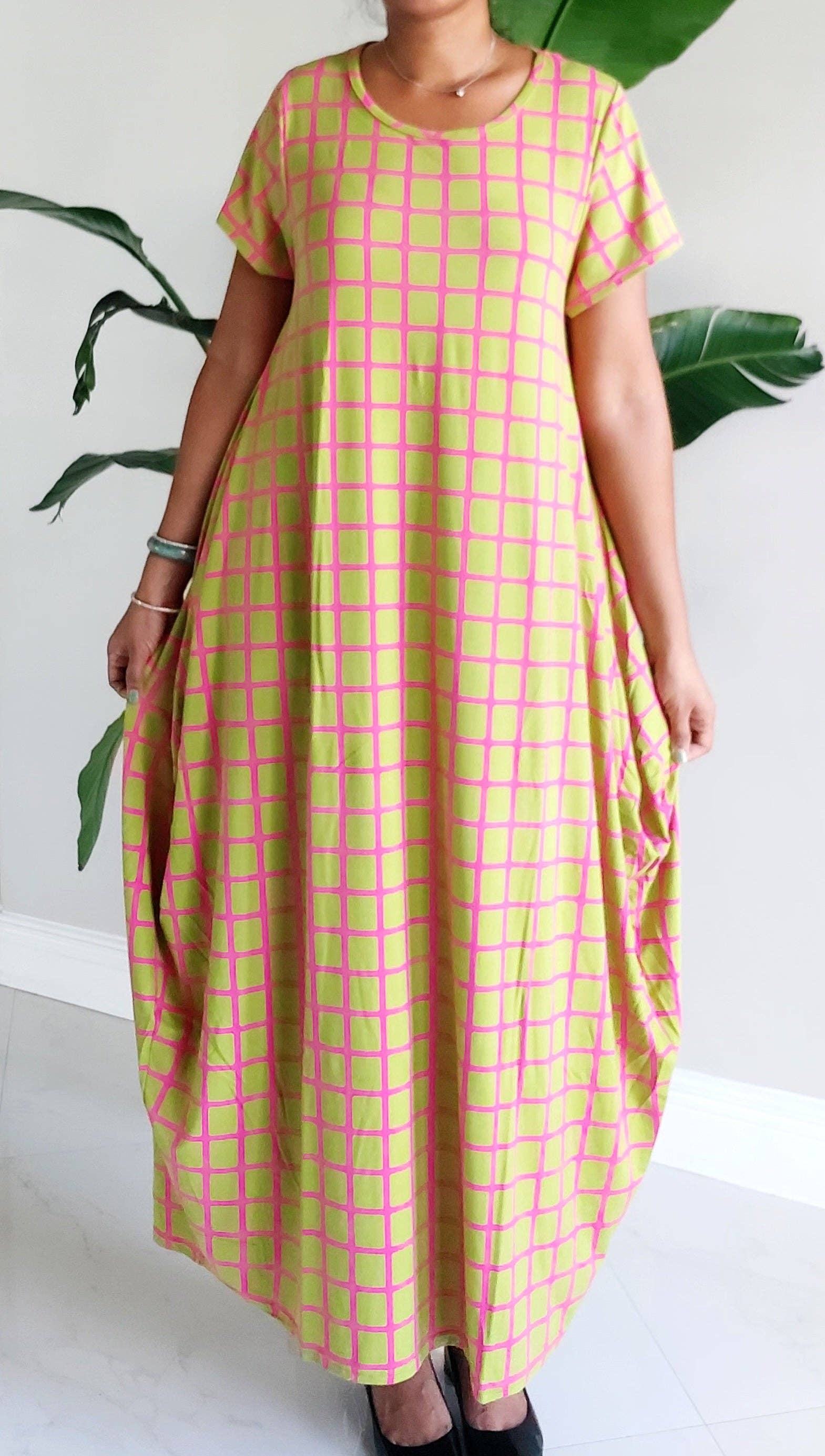 Bubble  Dress / Checkerd Pattern/Pink/ Green 20001 for wholesale on Faire5