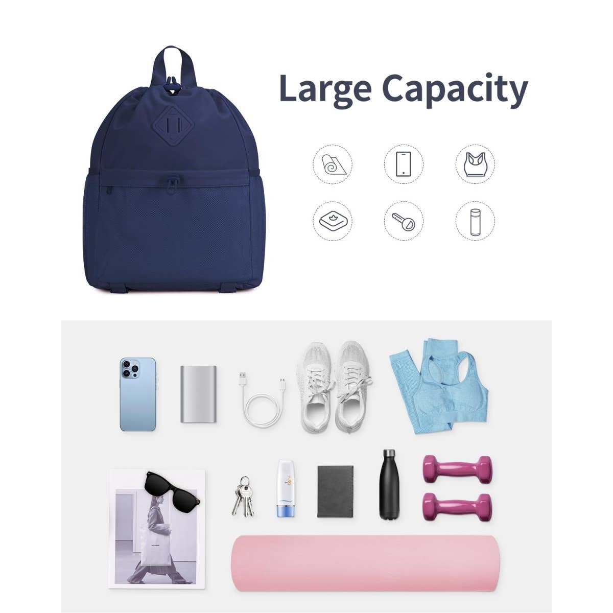 wandf - Vente Sac à cordon de serrage – unisexe - Sac à dos de sport avec cordon de serrage et sangle pour tapis de yoga3