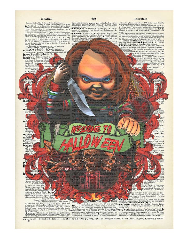 Chucky, doll, Halloween, Vintage Dictionary Prints for wholesale by Crazilyhumbledesigns