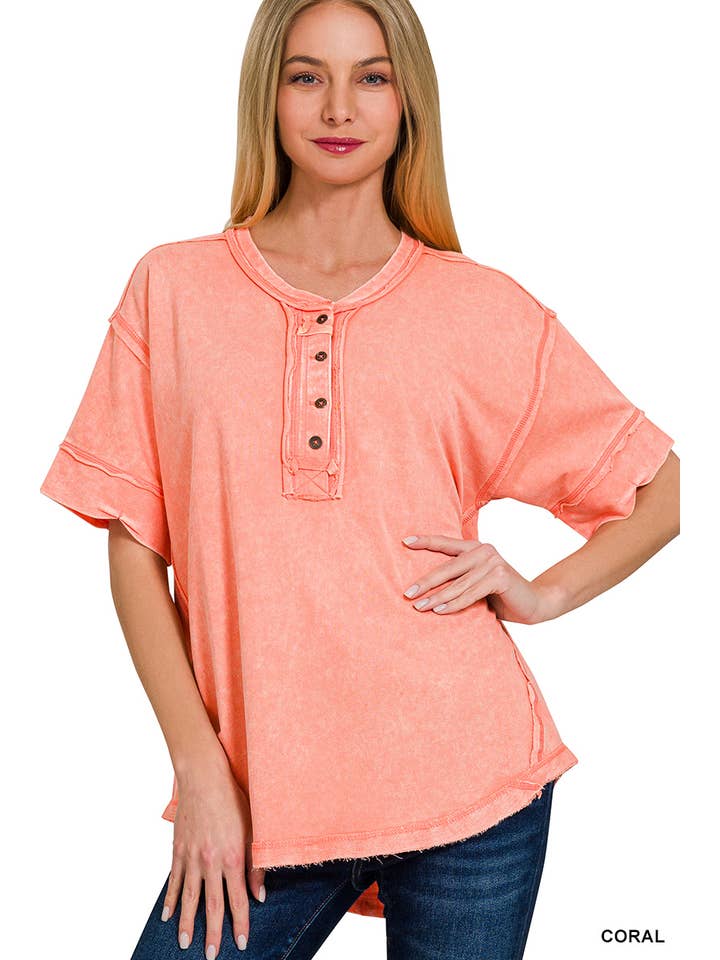 42POPS - Vente Haut en maille – femme - Haut à fermeture boutonnée avec bord brut lavé et détails16