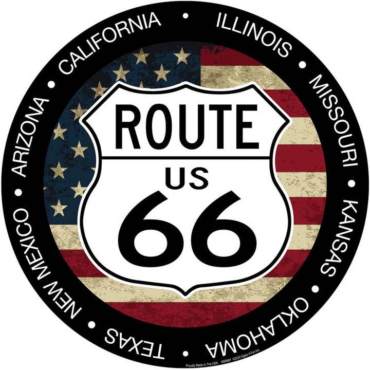 Route 66 Flag Round Sign for wholesale by Signs 4 Fun