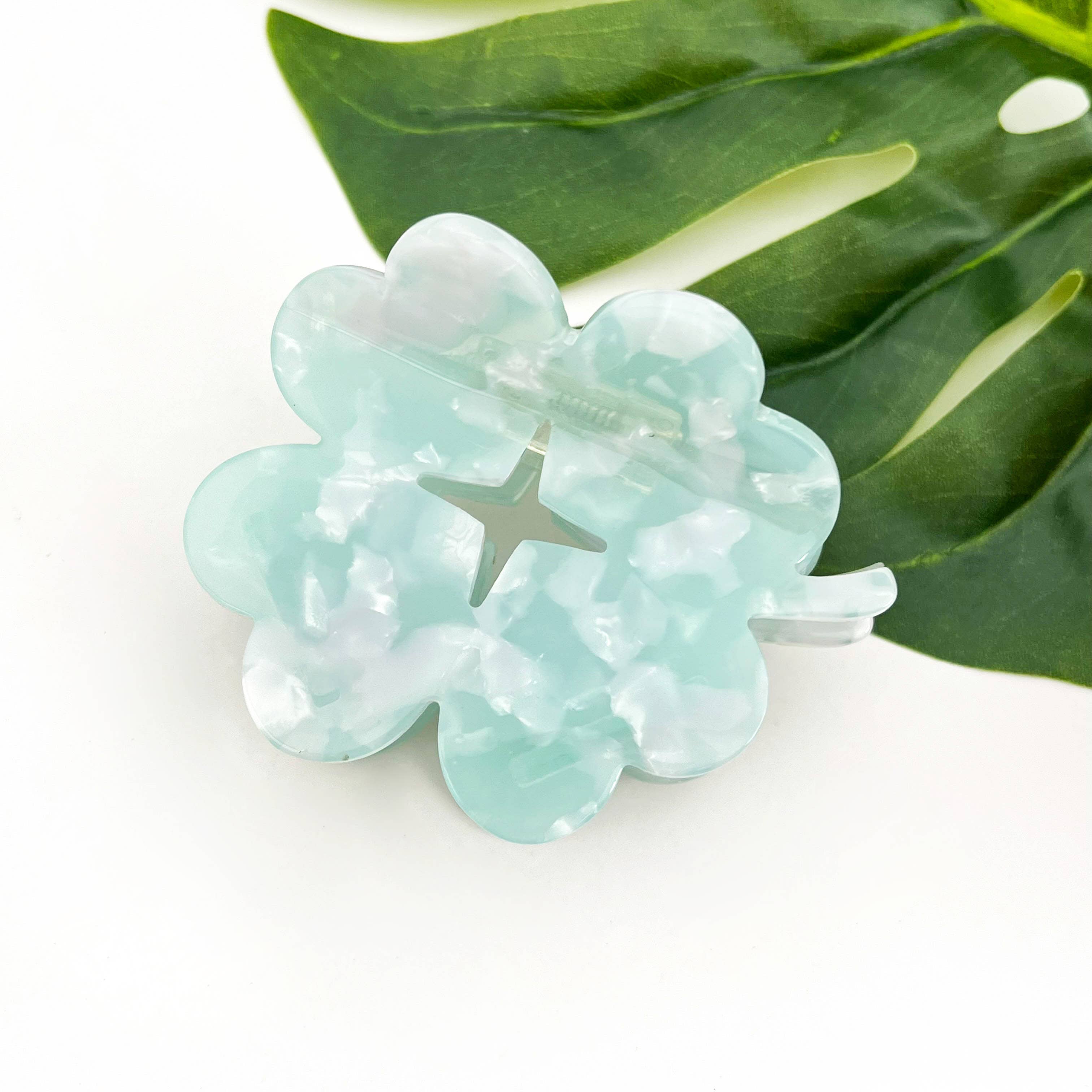 Green Clover Acetate Hair Claw Clip, Lucky Flower Hair Clip for wholesale on Faire0
