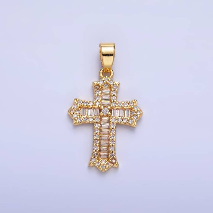 Pendentif Croix Religieuse Passion Micro Pavé Baguette CZ Clair Plaqué Or 24K | AA1329 pour la vente par Aim Eternal