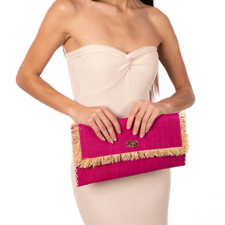 Shebobo - Vente Pochette – femme - Pochette Sophie en paille avec bordure à franges brutes17