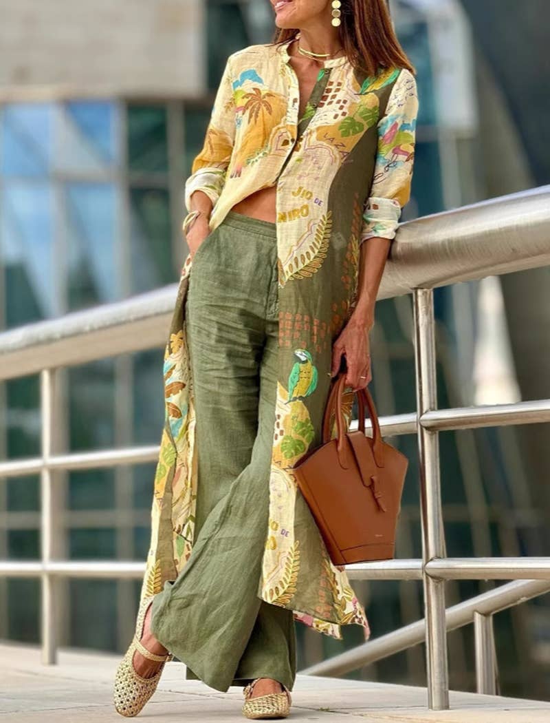 FLOWERY Leaf Print Longline Top with Flared Pants for wholesale on Faire