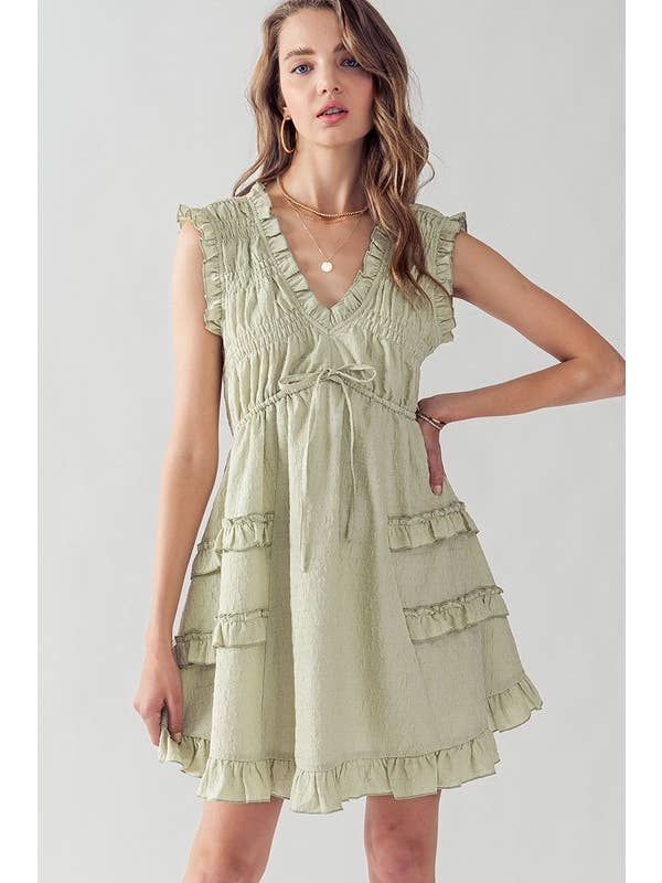 APPLE GREEN TIERED RUFFLE DRESS V NECK WITH RUFFLE for wholesale on Faire4