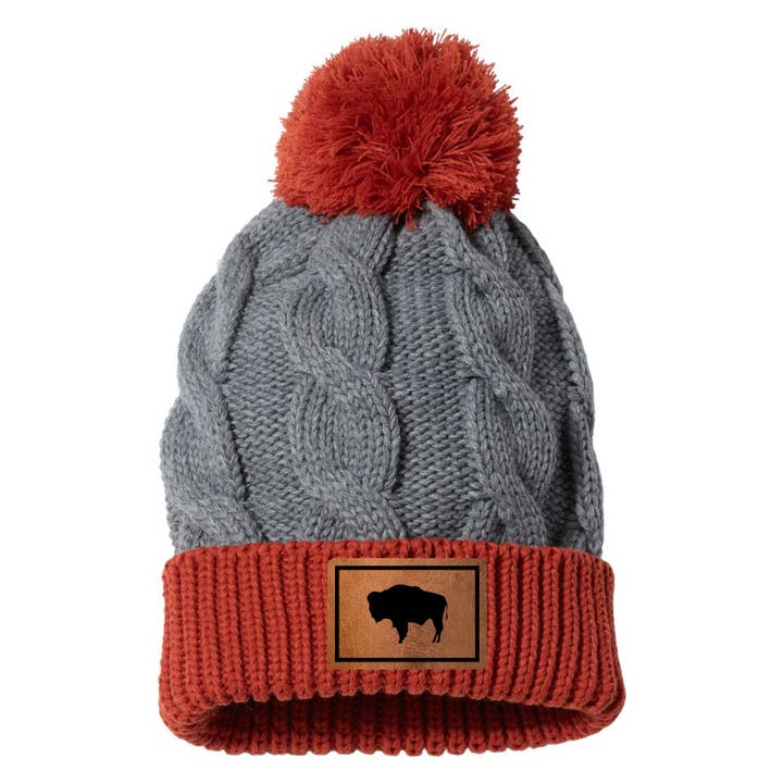 Wyoming Leather Patch Chunk Twist Cuffed Beanie for wholesale by Living My Best Life in Wyoming