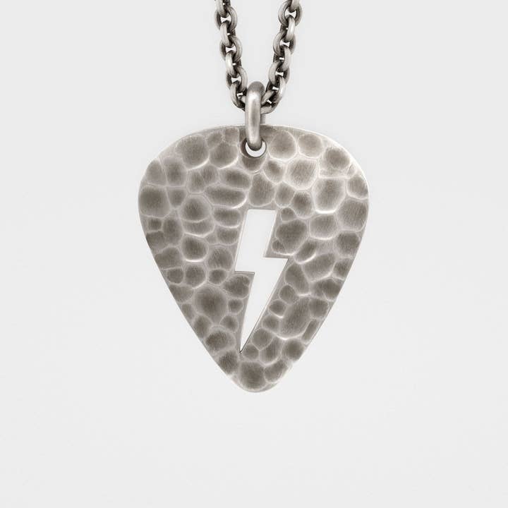 Snake Bones - Wholesale Pendant/Charm Necklace - Lightning Bolt Plectrum (Guitar Pick) Pendant with Hammered Finish