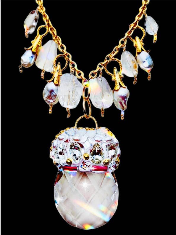 Extra large crystal drop, XL baroque pearls, Gold, Swarvoski, faceted quartz beads Sugar Gay Isber bridal necklace for wholesale by Gay Isber Designs
