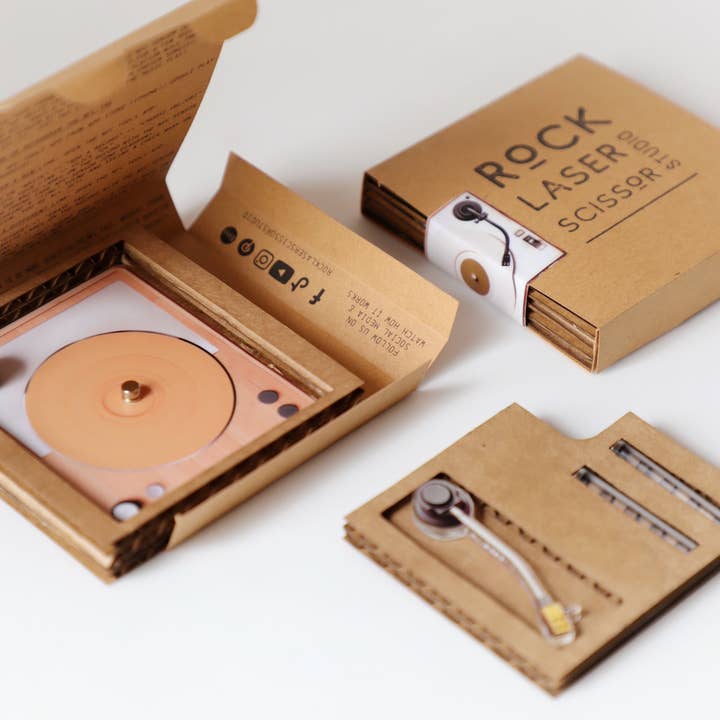 Rock Laser Scissor Studio - Wholesale Decorative Tabletop Object - Scannable LP Record Player Decor w/ Â NFC tag Spotify Youtube