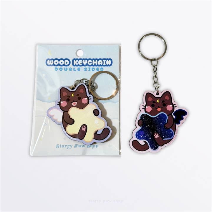 Starry Paw Shop - Wholesale Keychain - Unisex - Starry Cats Wood Keychains | Double sided 2.5" Angel Devil