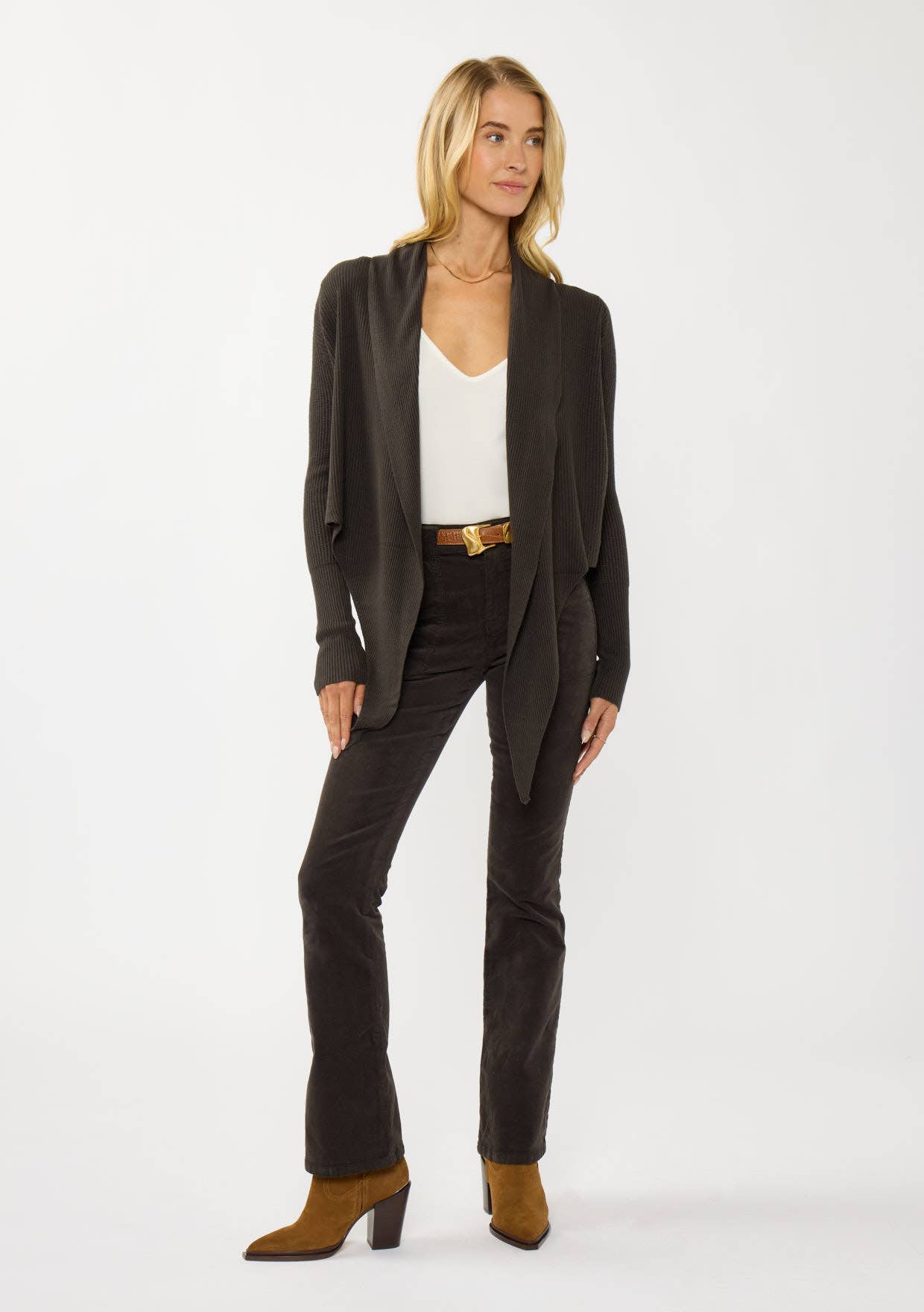 Lovestitch - Wholesale Cardigan - Women's - Waffle Knit Long Sleeve Tie Front Cardigan100