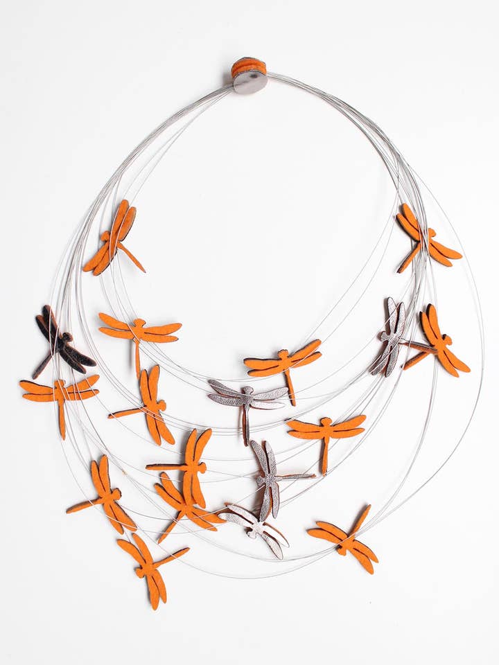 Handmade Dragonfly Upcycled Textile Necklace for wholesale by Beyond Threads