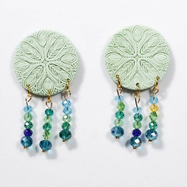 Sage Green Peacock Inspired Mandala Textured Earrings for wholesale by CraftlyKaleido