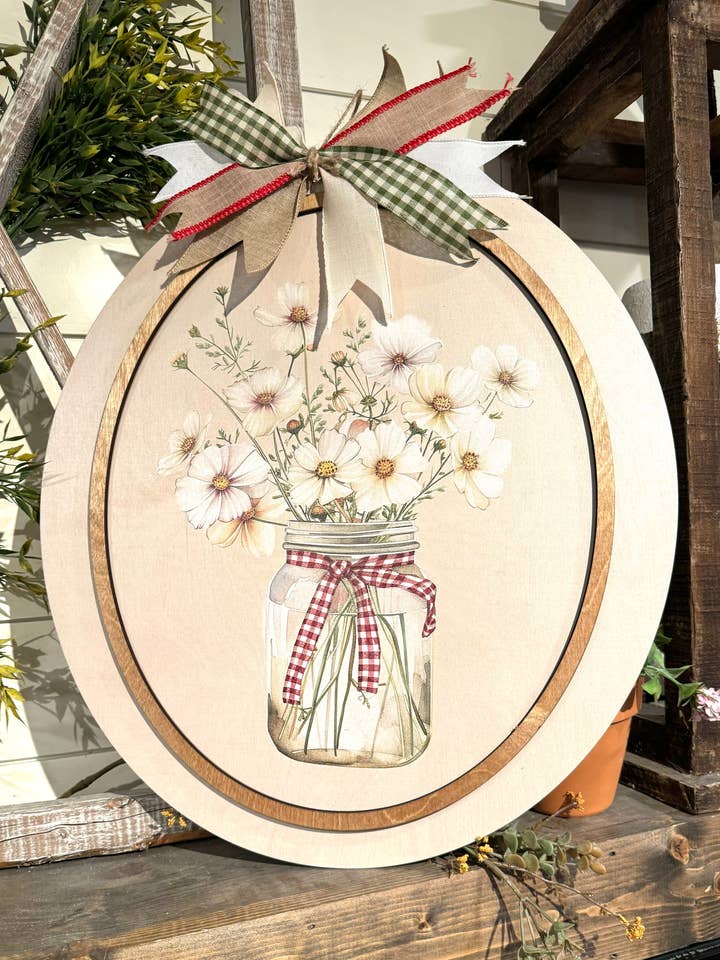 Round Wooden Sign - 18" or 21.65" - Daisies in a Jar for wholesale by Whippoorwill Charm