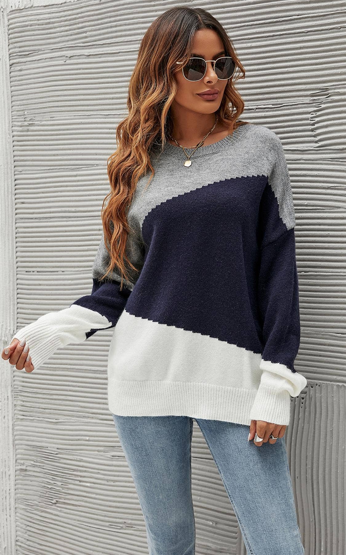 FS Collection (Germany) - Wholesale Knit Sweater - Women's - Navy & White Block Colour Jumper Top In Grey6