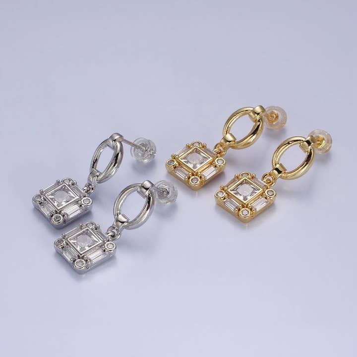 Aim Eternal - Wholesale Dangle Earrings - Silver, Gold Clear Square Baguette CZ Drop Dangle Oval Stud Earrings | AB569 AB5713