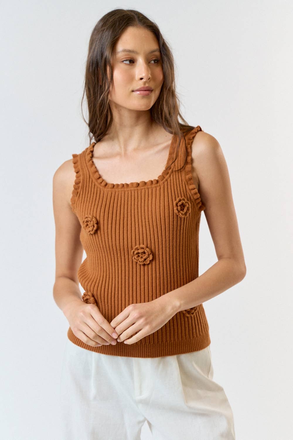 Lalavon - Wholesale Knit Top - Women's - ILT3740 3D Crochet Flower And Ruffled Hem Knit Tank Top 11