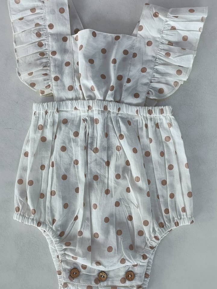 Brown Polka Dot Print Ruffled Racer Back Romper for wholesale by Yo Baby