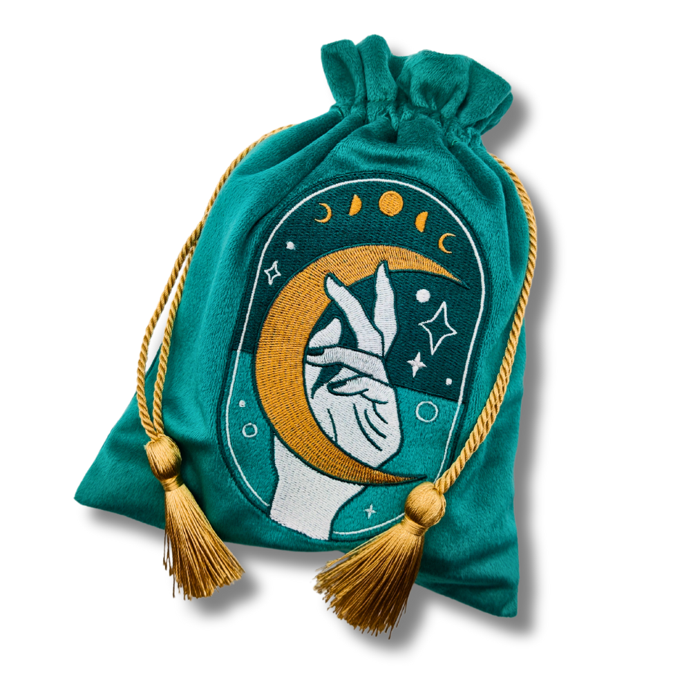 LA MUCI DESIGN - Vente Sac à cordon de serrage – unisexe - Pochette en velours vert pour tarot – Sac à cordon brodé3