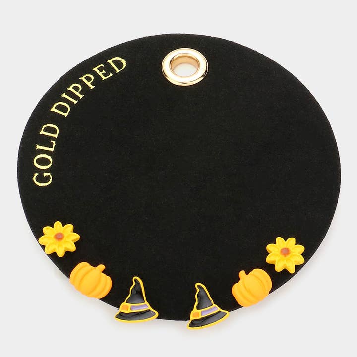 Secret Box _ Gold Dipped Flower Pumpkin Witch Hat 3Pairs Stud Earrings for wholesale by Sensibling Corp.