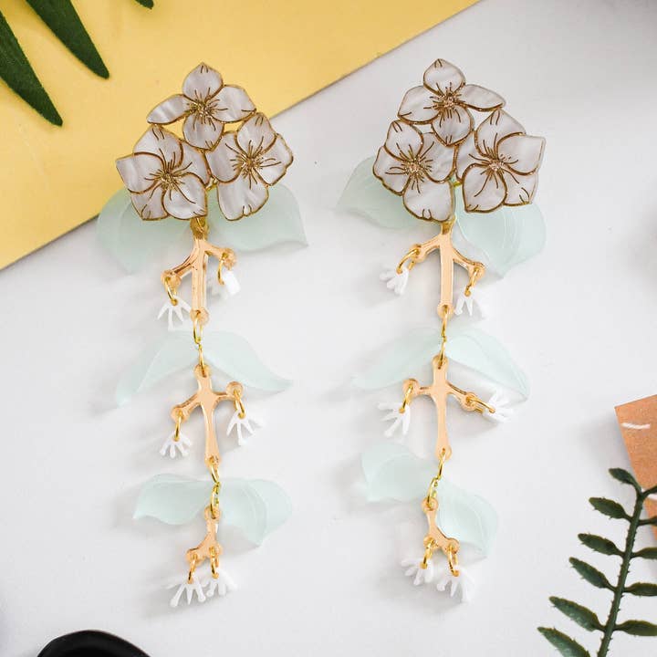 Eucalyptus & Hydrangea Statement Earrings for wholesale by Working Clasp