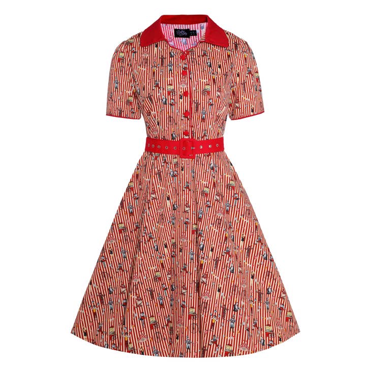 Dolly & Dotty - Wholesale Dress - Women's - Penelope Red Vintage Circus Striped Shirt Dress